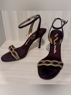 Nina Brown Satin Ankle-Strap Heels with Crystal Accents
